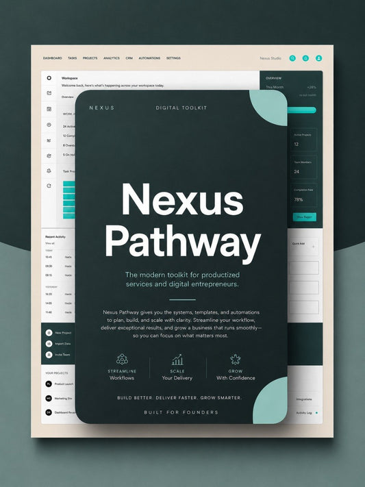 A digital mockup of a dark teal and white user interface or dashboard template titled 'Nexus Pathway' with a large central card, shown over layered interface panels on a dark teal background.