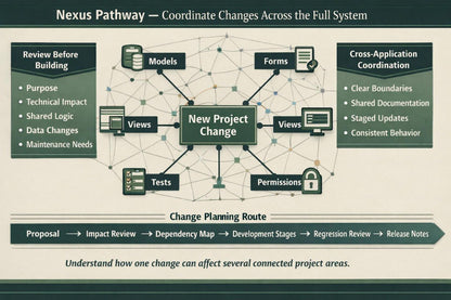 A diagram titled 'Nexus Pathway — Coordinate Changes Across the Full System' showing a central 'New Project Change' node connected to 'Models', 'Forms', 'Views', 'Tests', 'Permissions', and a 'Change Planning Route' below, with side boxes for 'Review Before Building' and 'Cross-Application Coordination' on a beige background.