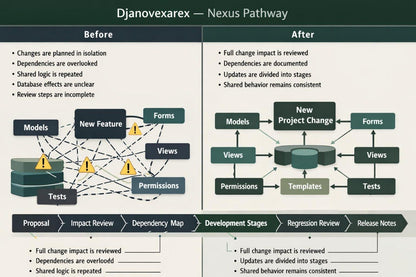 A digital infographic titled 'Djanovarex - Nexus Pathway' comparing 'Before' and 'After' states with bullet points and flowcharts on a dark green and beige background.