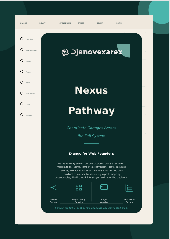 A digital mockup of a software interface or guide titled 'Nexus Pathway' by Djanovexarex, displayed on a dark teal background with a cream-colored card overlay.