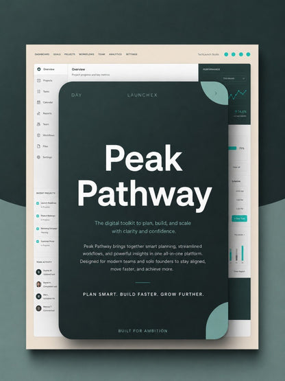 A digital product mockup for a Notion template titled 'Peak Pathway' by LaunchX, shown as a dark slate gray card over a light beige and teal dashboard interface on a dark teal background.