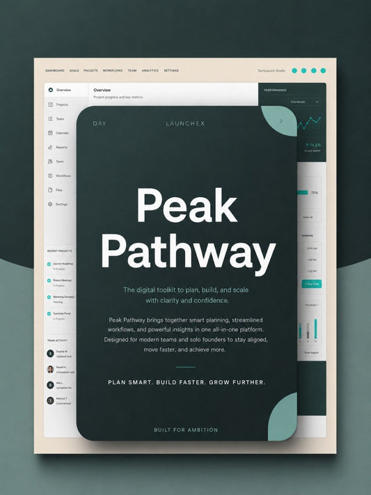 A digital product mockup for a Notion template titled 'Peak Pathway' by LaunchX, shown as a dark slate gray card over a light beige and teal dashboard interface on a dark teal background.