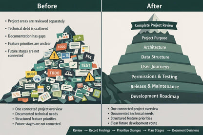 A before-and-after infographic comparing project management approaches. The left 'Before' side shows a messy pile of labeled tech and project icons with bullet points about scattered technical debt and unclear priorities.