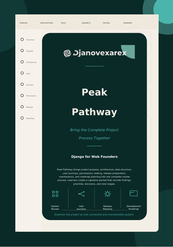 A digital mockup of a software landing page for 'Peak Pathway' by 'Djanovexarex', presented on a white mobile device screen within a dark teal and white frame.