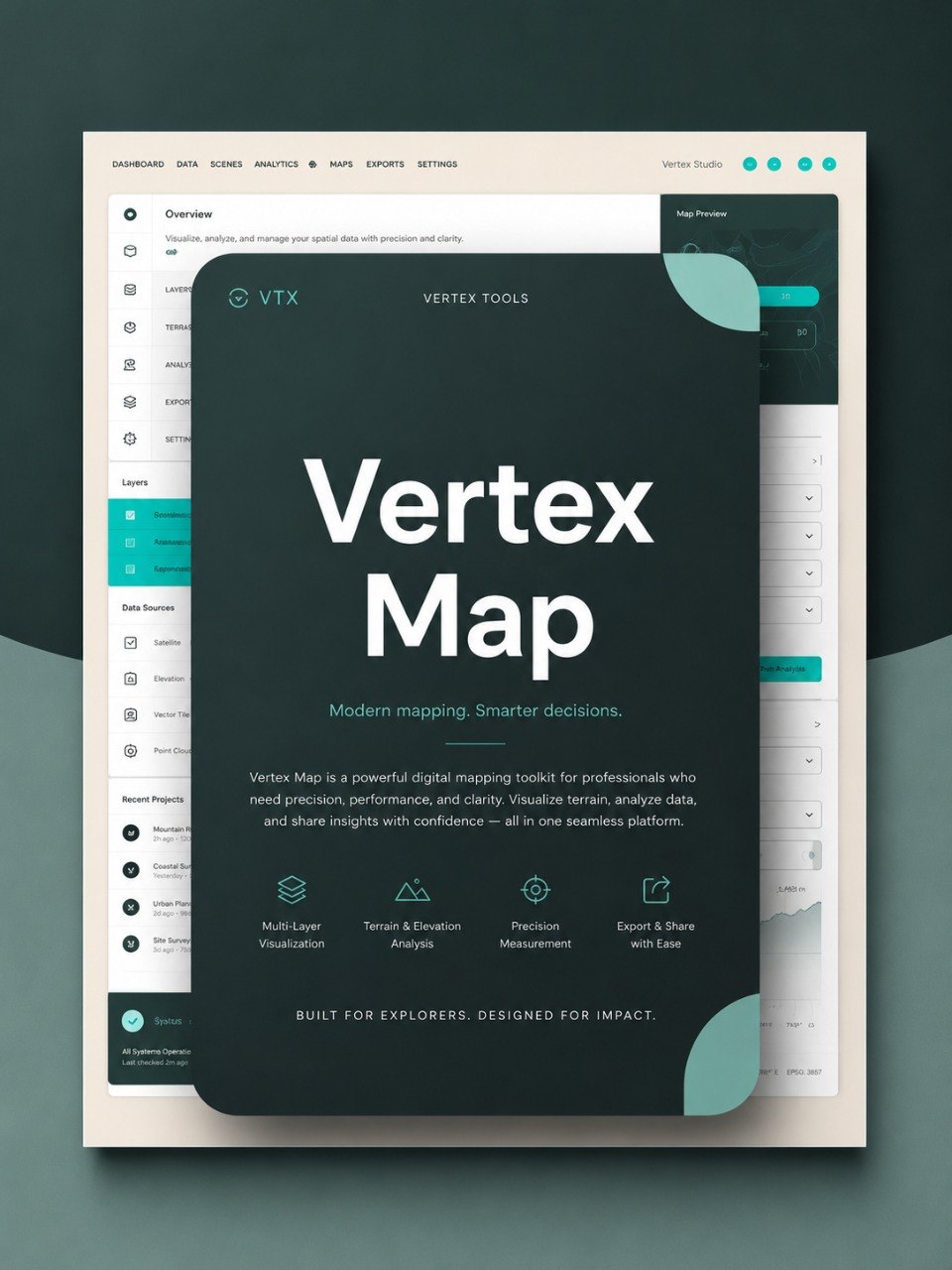 A digital promotional graphic for a software feature called Vertex Map, shown as a large dark teal card over a software dashboard interface. The card has large white text reading 'Vertex Map' and smaller teal and white supporting text.