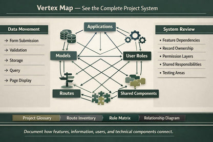A project glossary and relationship diagram infographic titled 'Vertex Map — See the Complete Project System'. The diagram features a central hub labeled 'User Roles' connected to 'Applications', 'Models', 'Routes', and 'Shared Components' with various arrows indicating relationships.