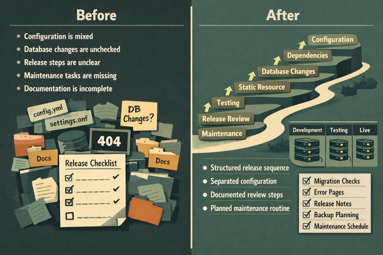 A before-and-after digital infographic for software release management, set against a dark teal background. The left side, labeled 'Before', shows a messy stack of files, a '404' page, and a release checklist with bullet points describing issues like an mixed configuration and missing database changes.