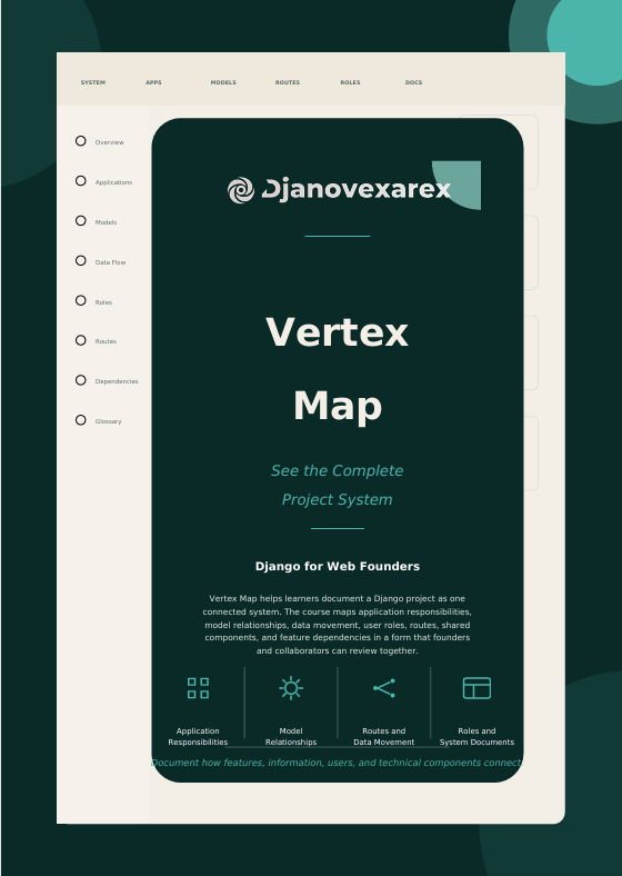 A digital mockup of a 'Djanovexarex Vertex Map' project system interface, featuring a dark teal and white mobile-style screen centered on a cream-colored frame, set against a dark teal background with abstract shapes.