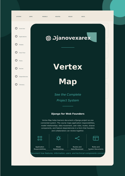 A digital mockup of a 'Djanovexarex Vertex Map' project system interface, featuring a dark teal and white mobile-style screen centered on a cream-colored frame, set against a dark teal background with abstract shapes.